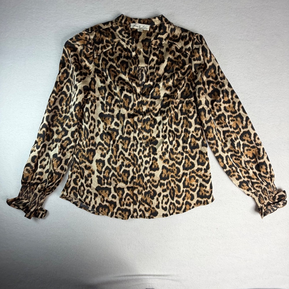 Leopard Print Split Neck Blouse Brown Tan Smocked Ruffle Cuff Women Small Animal